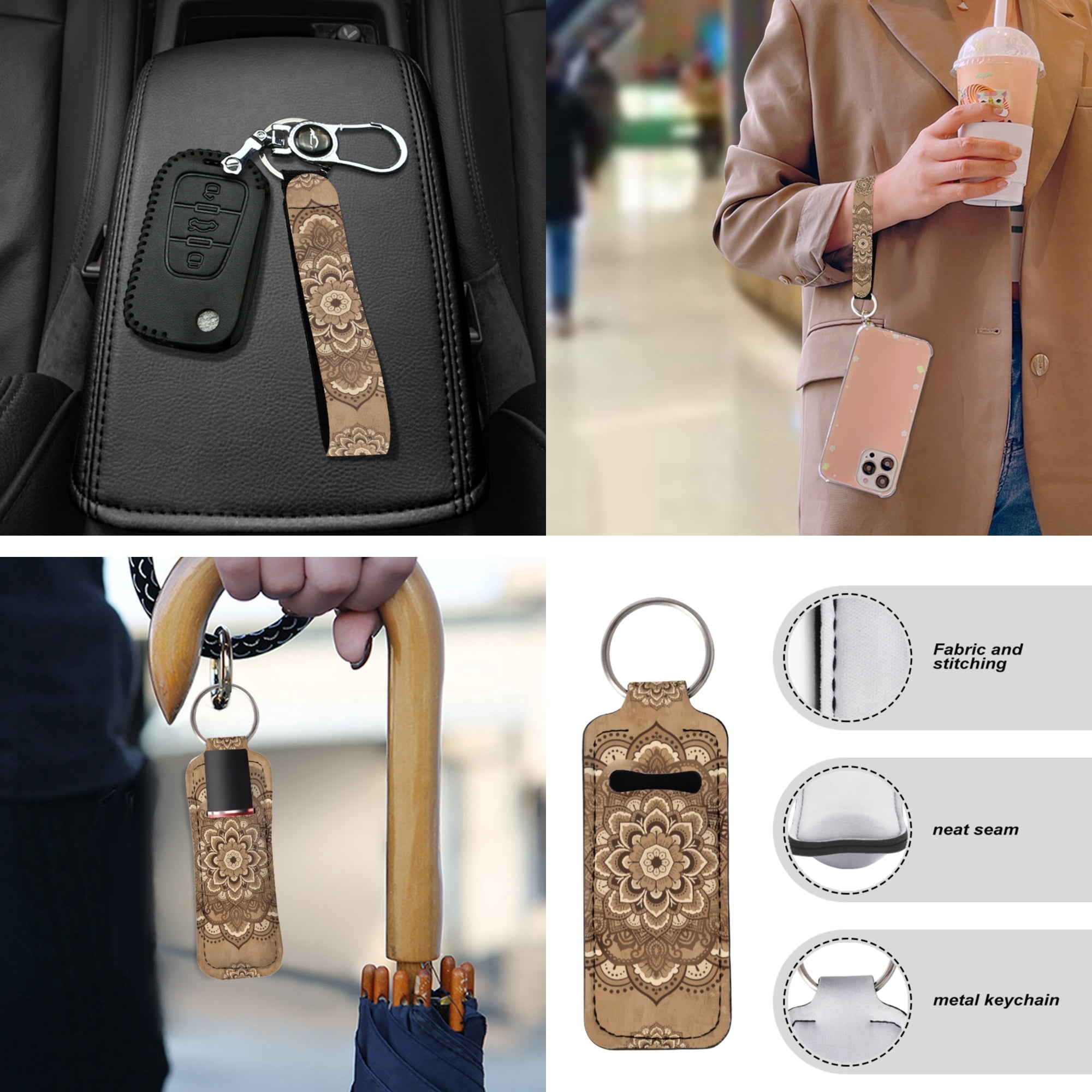 Jeiento 13 PCS Car Seat Cover Full Set, with Steering Wheel Cover Seat Belt Strap Cover Armrest Cushion Cup Coaster Keychain Lipstick Holder Auto Decor, Vintage Boho Mandala Print
