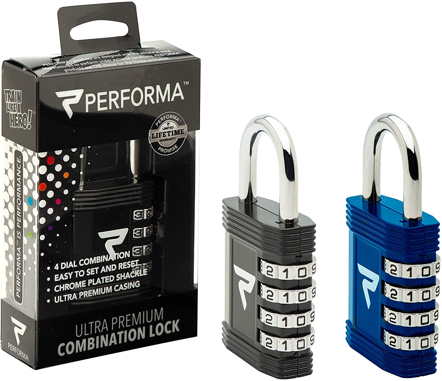Black/Black Performa Ultra Premium Embossed 4-Dial Combination Gym Lock 
