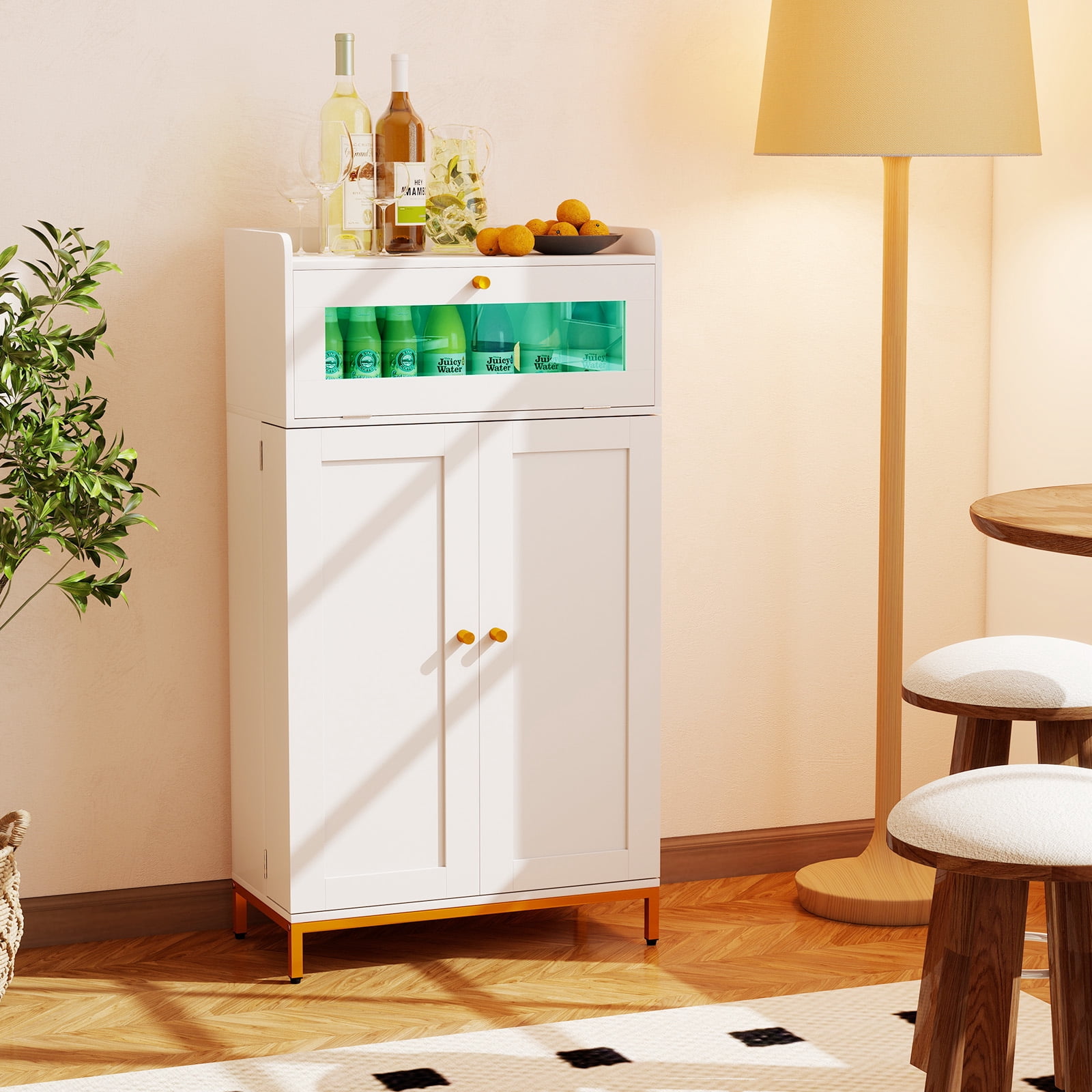Patiojoy Pantry Cabinet w/Charging Station Kitchen Food Cabinet w/LED Light