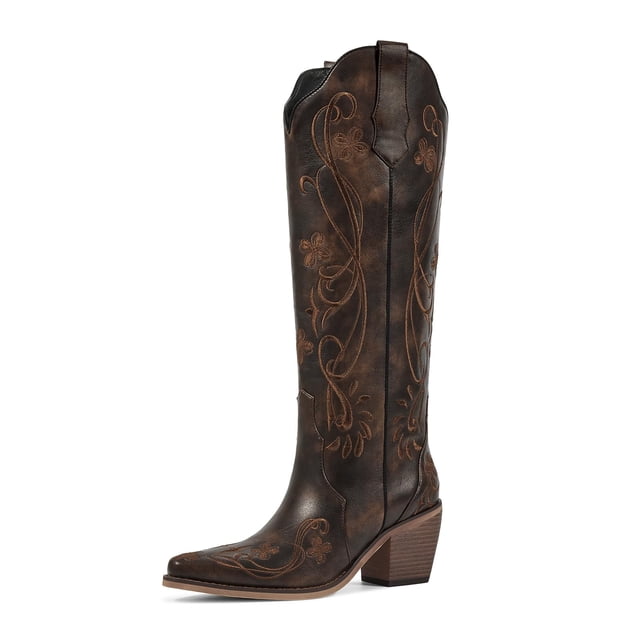 Botas Cowgirl wetkiss hasta la rodilla para mujer, color marrón oscuro