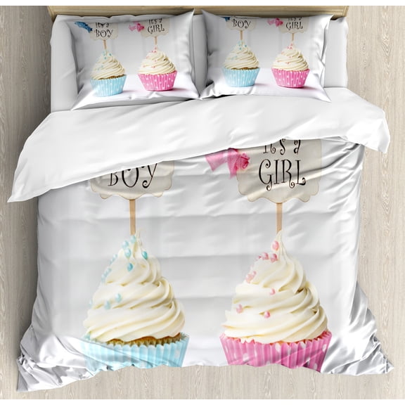 Gender Reveal Duvet Cover Set, Boy and Girl with Cupcakes Yummy Chocolate Celebration Theme, Decorative 3 Piece Bedding Set with 2 Pillow Shams, Queen Size, Pale Blue and Pink Cream, by Ambesonne