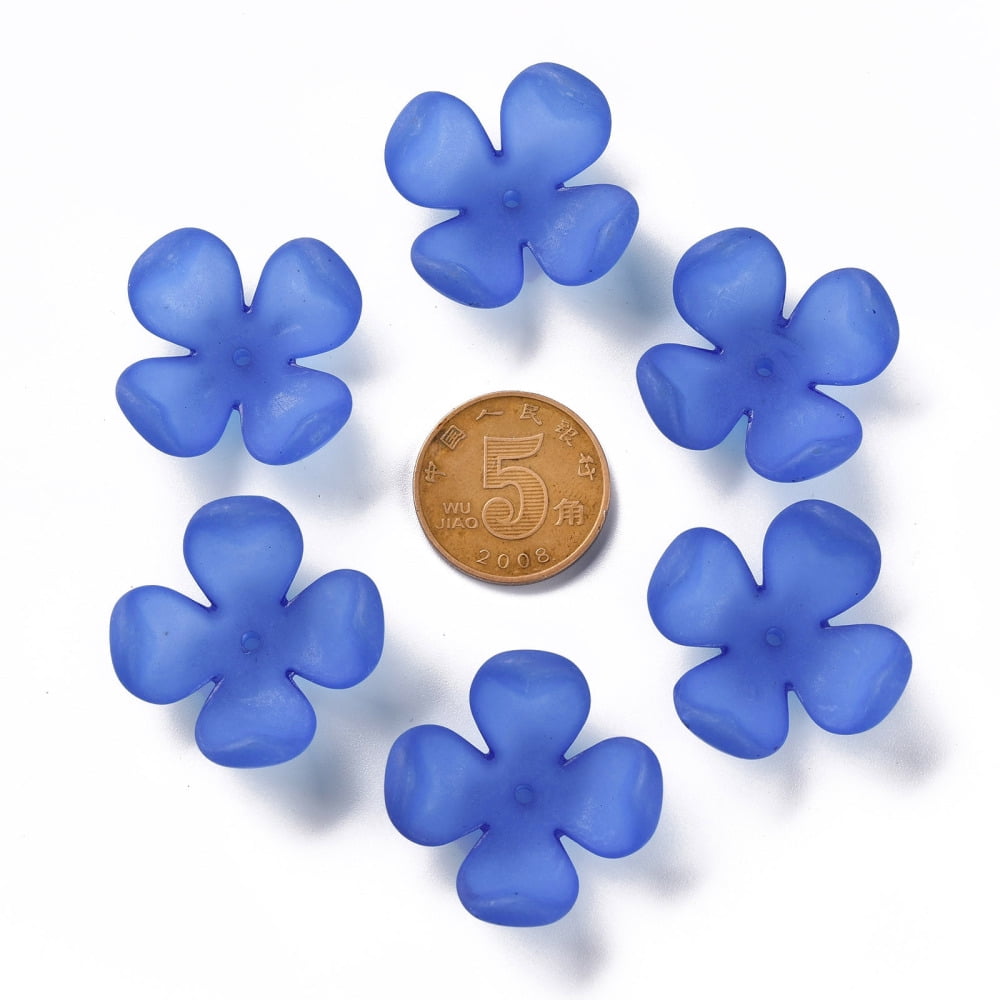 Frosted Acrylic Bead Caps 4-Petal Flower Royal Blue 27x27x11mm Hole: 1.8mm about 276pcs/500g