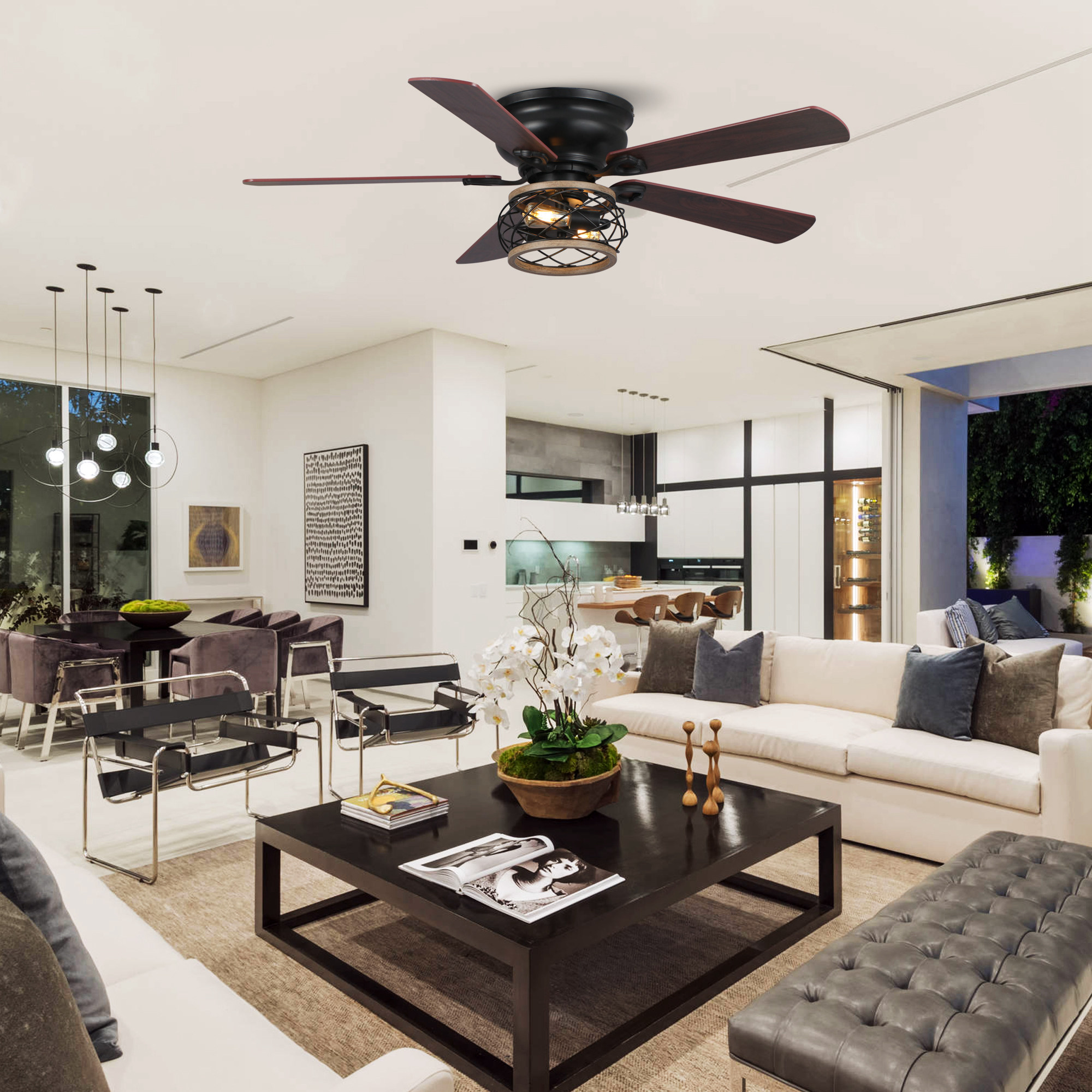 Parrot Uncle Farmhouse 48-Inch Brown Ceiling Fan with Lights and Remote,  Low Profile Ceiling Fan with Light