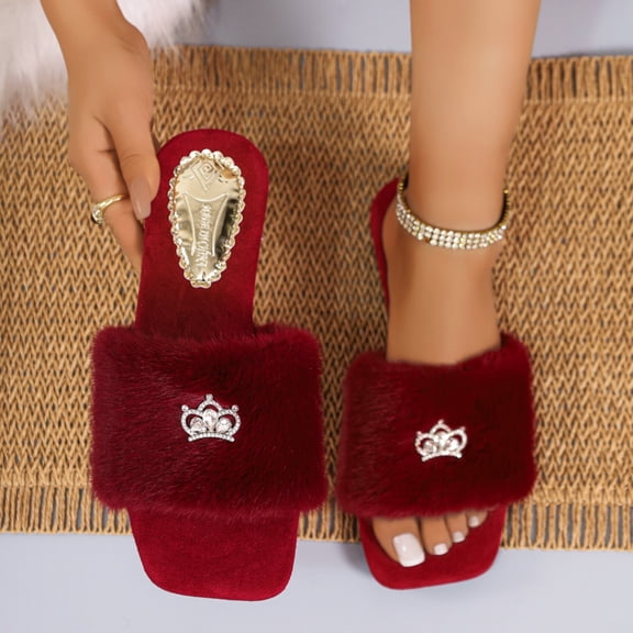 Women Fluffy Faux Fur Rhinestone Crown Square Open Toe Slide Slippers Wine 7.5