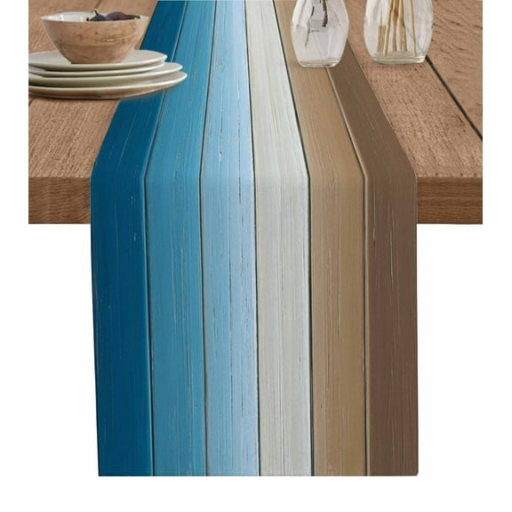 Blue Brown Gradient Table Runners 90 Inches Long, Cotton Linen Fabric Table Runner Dresser Scarf, Ombre Farmhouse Rustic Wood Tablerunner for Party/Kitchen/Dinner/Wedding Decor 13''x90''