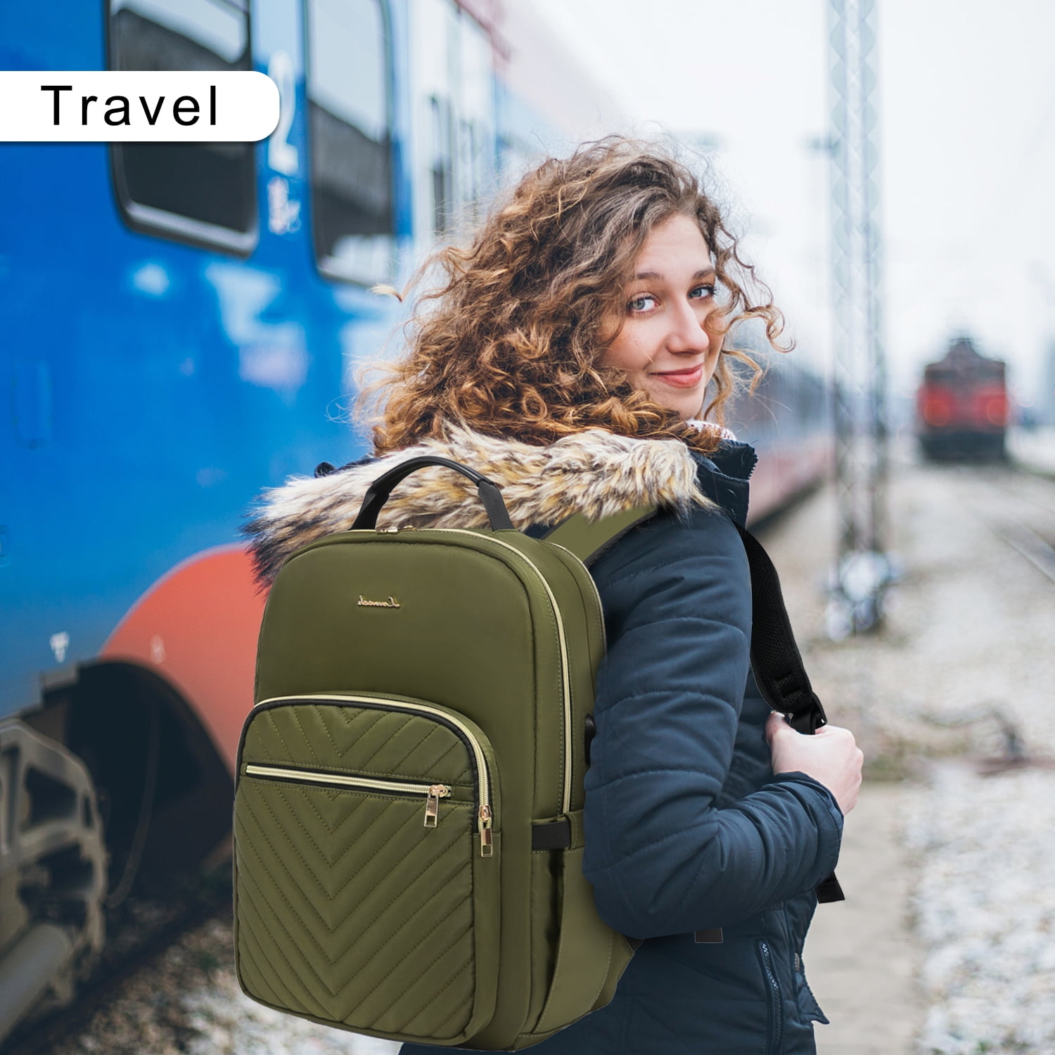 Lovevook Laptop Backpack for Women, 15.6" Quilted Travel Backpack with Anti-Thief Pocket, Teacher Backpack Book Bag Nurse Bag Purse with USB-ARMY Green