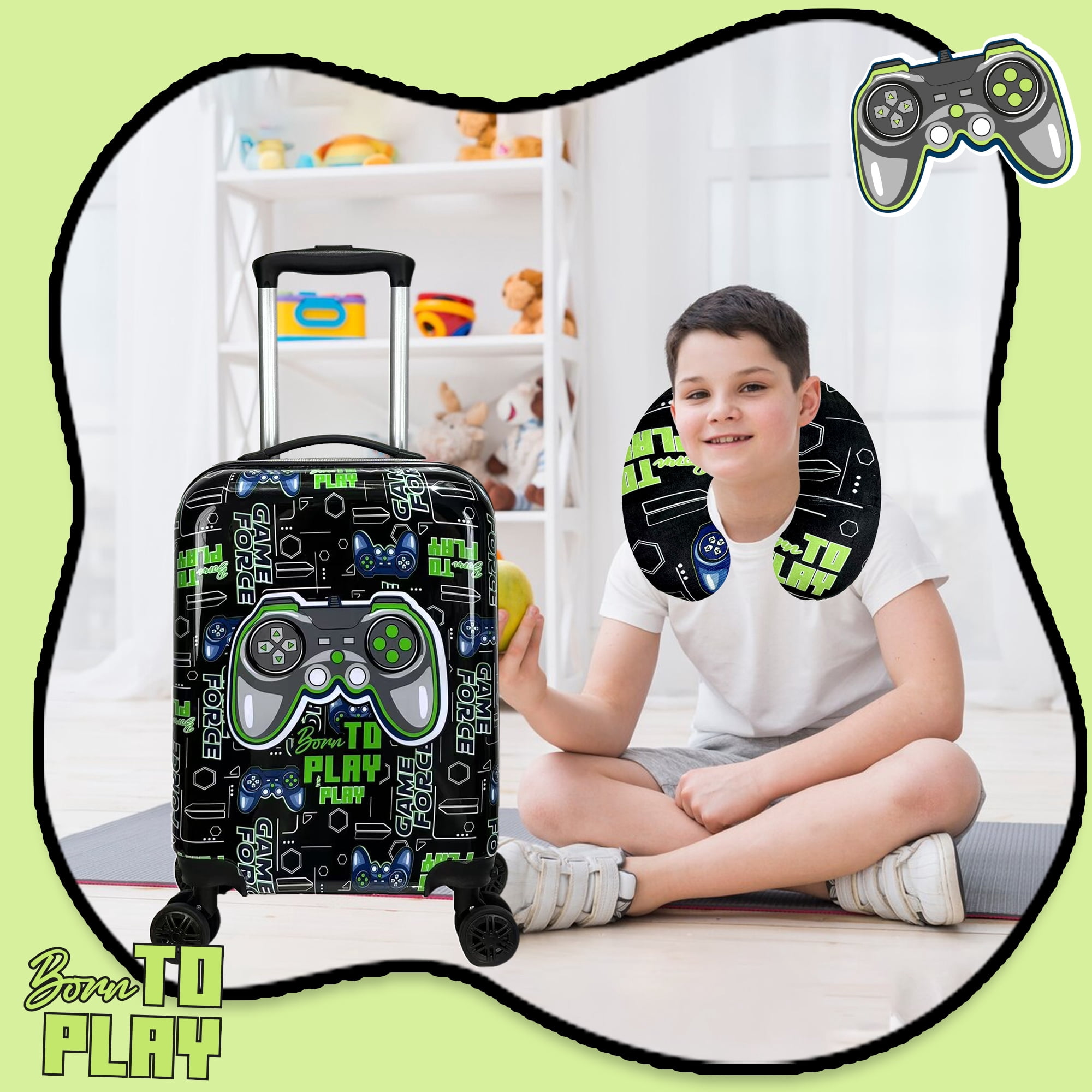 Kids Hardshell Luggage Sets with Travel Pillow Small Carry on Suitcases with Wheels for Boys Travel Essentials Airline Approved 16 Inch Black