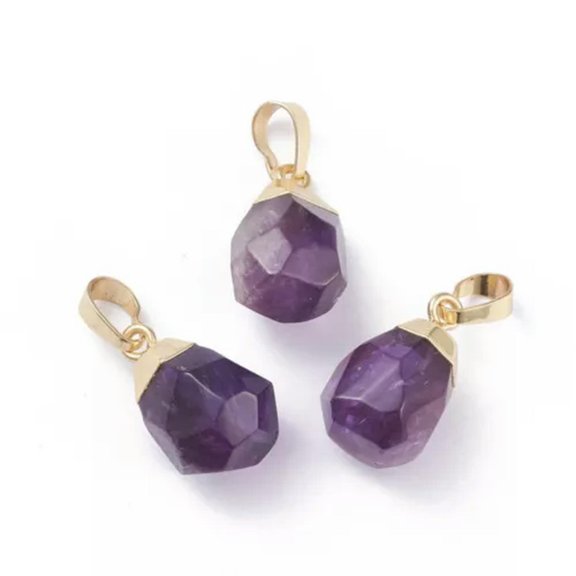GKNET 10pcs Faceted Gemstone Pendants Irregular Rock Natural Stone Charms 19~21mm-Amethyst (Golden Clasp)