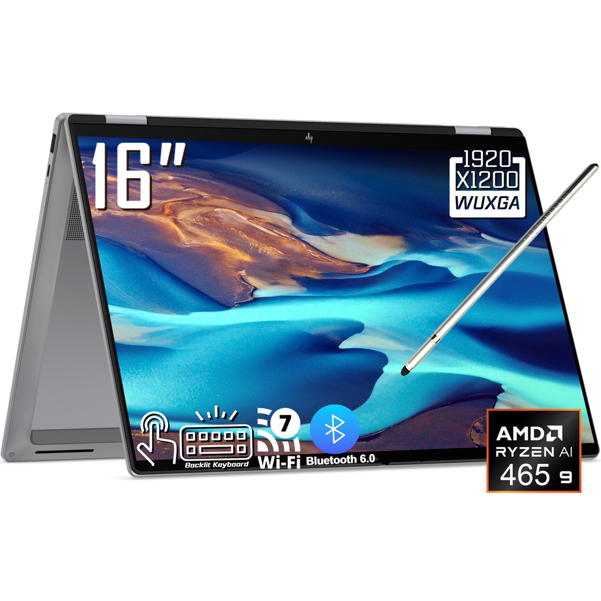 HP OmniBook X Flip 2-in-1 AI Laptop, 16" 2K 1920 x 1200 OLED Touchscreen, AMD Ryzen AI 9 465, 5MP IR Webcam, Backlit KB, Stylus Pen, Win11 Home (32GB DDR5 RAM / 512GB SSD)