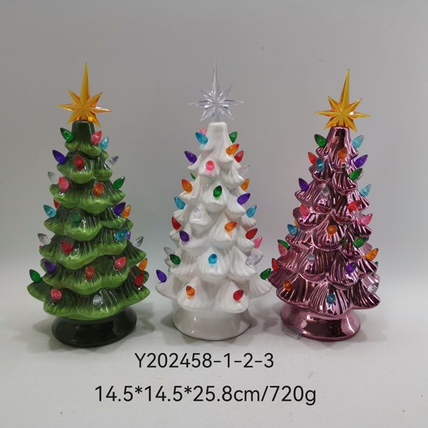 Árbol de Navidad de cerámica pintado a mano de 15 pulgadas con luces LED, decoración del hogar, fiesta de Navidad
