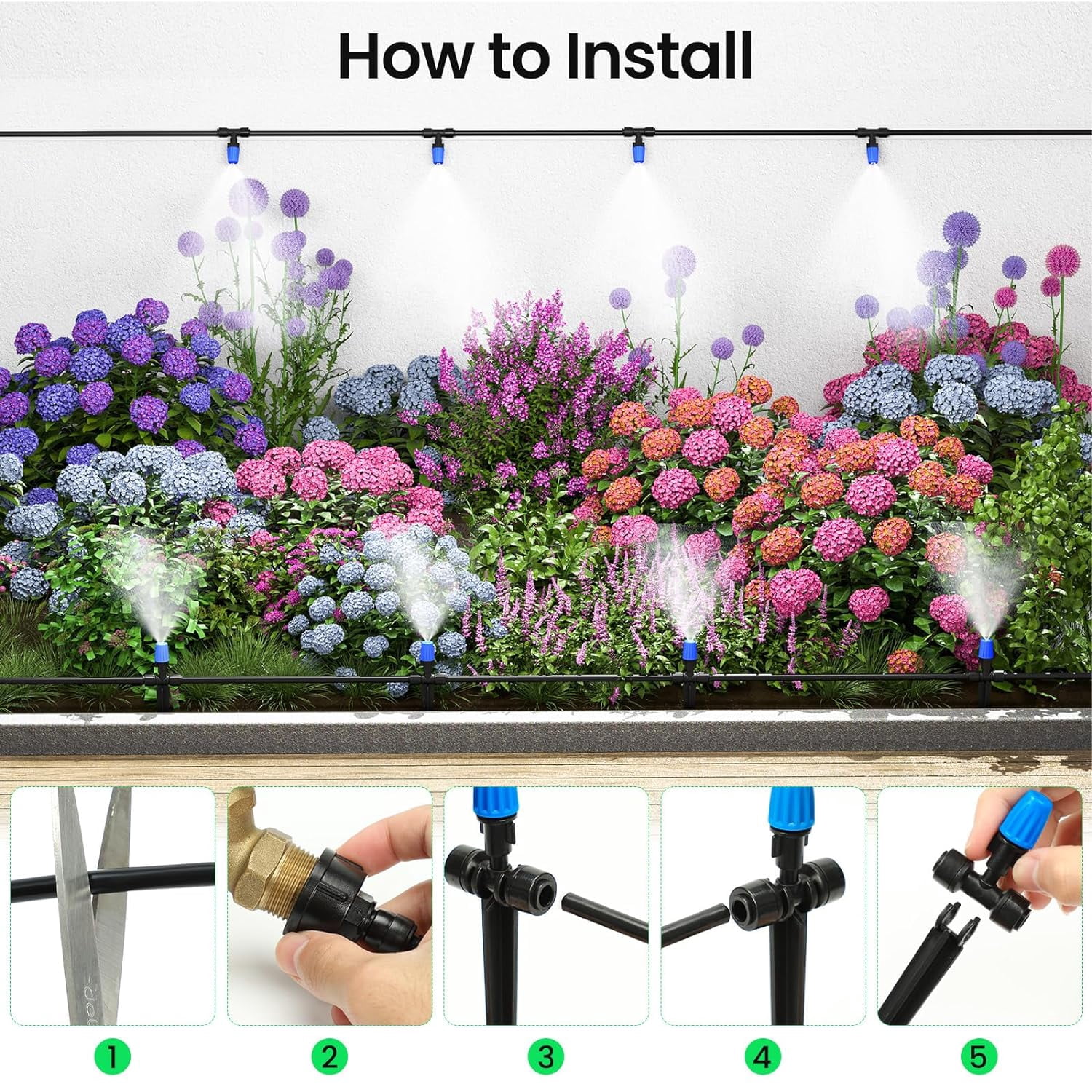 Irrigation System 65FT Easy Connect Drip Irrigation, Jorking Sprinkler System Mist Accessories with 1/4 inch Blank Distribution 65ft Tubing Hose-Black