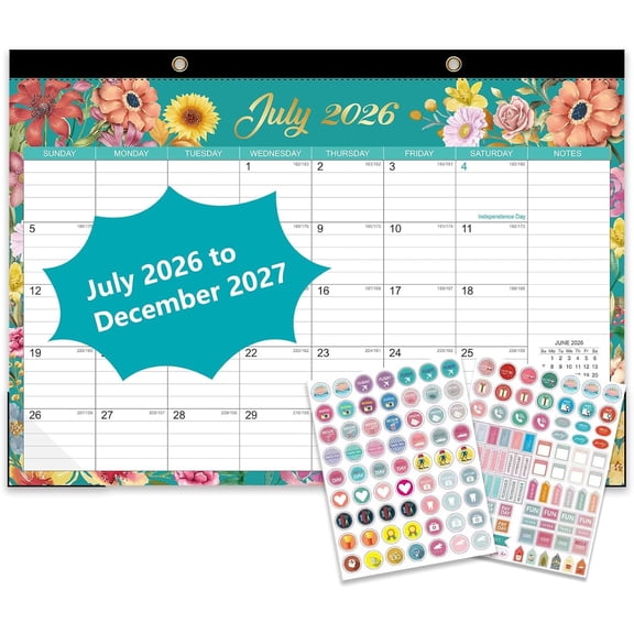 Desk Calendar 2026-2027 - 18 Month Desk Calendar july 2026-2027 Dec, 17" x 12", Large Monthly Desktop Calendar with Plastic Cover, Thick Paper, Corner Protectors - Floral (2 Stickers Included)
