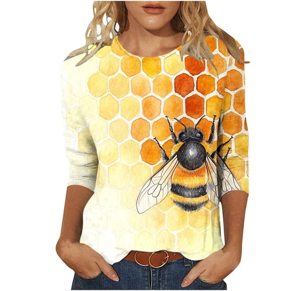CYMMPU T-Shirts 3/4 Sleeve Loose Fit Summer Trendy Shirts Spring Tops Crew Neck Blouses for Women Dressy Casual Bee Pattern Lightweight Basic Tees Multicolor XXXXXL