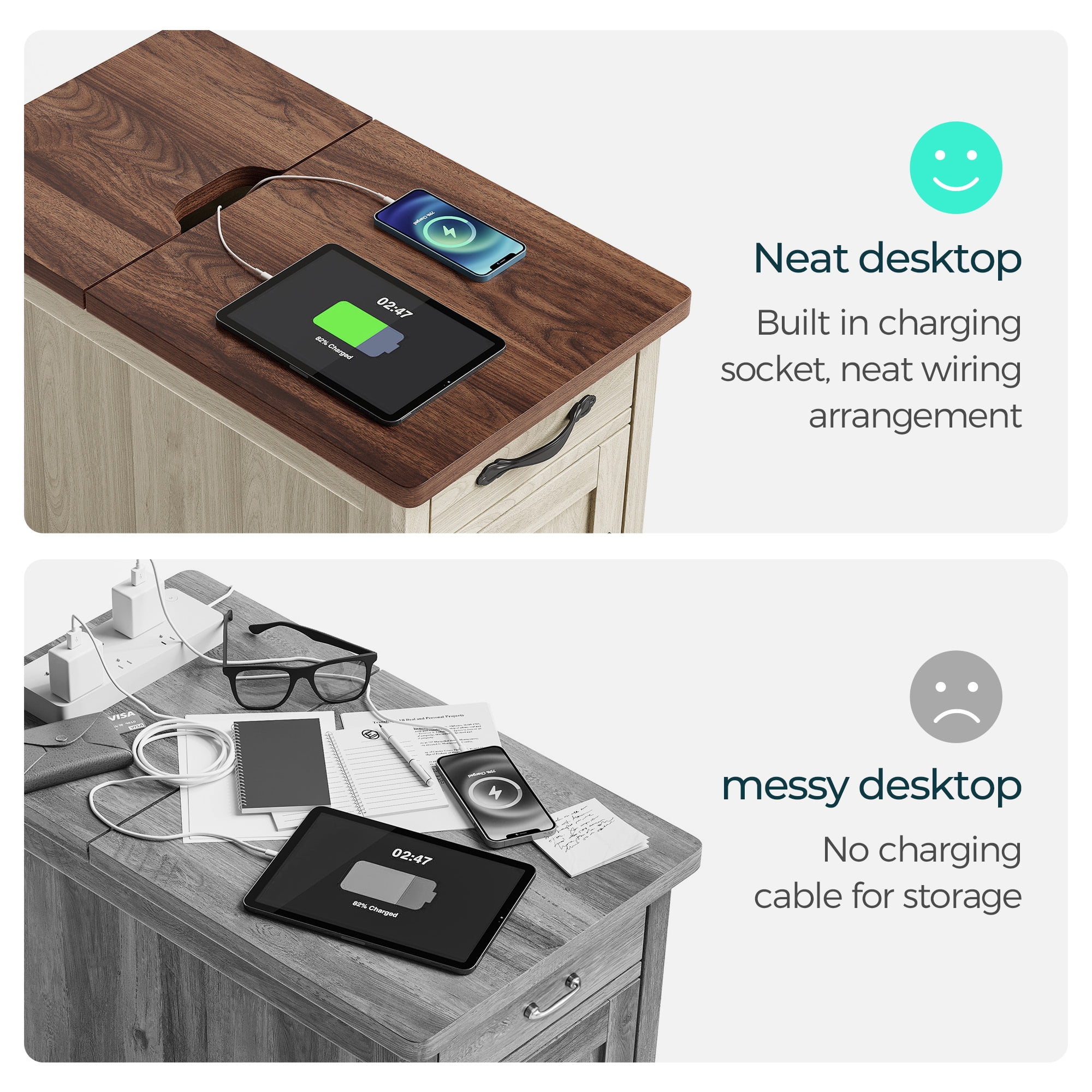 LINSY HOME End Tables for Living Room with Charging Station, Nightstand for Bedroom with Drawer and Detachable Holder,Washed Grey & Brown