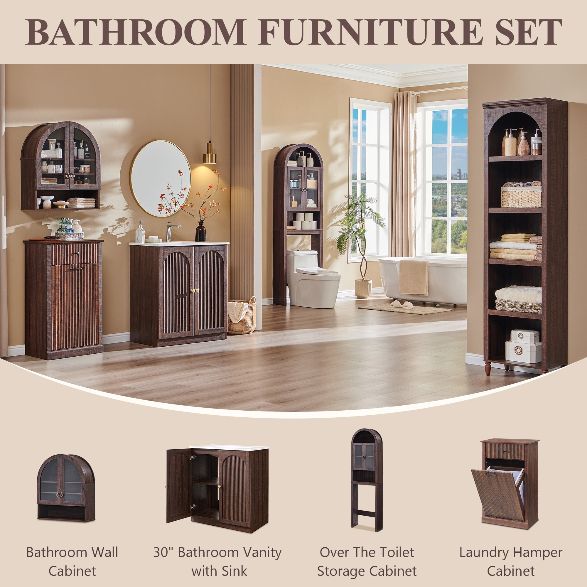 SinCiDo 30 Inch Bathroom Vanity with Sink, Arched Bathroom Vanity Cabinet with Ceramic Basin, Modern Fluted Bathroom Vanity w/Adjustable Shelf