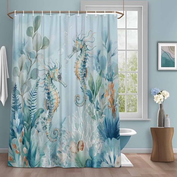 Summer Coastal Shower Curtains for Bathroom, Ocean Seahorse Nautical Coral Eucalyptus Leaves Washable Fabric Shower Curtain with Hooks Waterproof Bathroom Decor Sets, 72 x 84 Inches