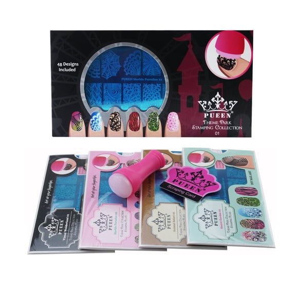 PUEEN Nail Art Stamping SET DE REGALO DE PARQUE TEMÁTICO 01-4 Placas de parque temático - 125x65 mm Kit único de accesorios de placa de imagen de manicura para estampado de esmalte de uñas -BH000859