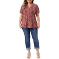 thumbnail image 2 of Agnes Orinda Women's Plus Size Floral Printed Tops Notched V Neck Short Sleeves Casual Summer Blouses 2X Wine Red, 2 of 6