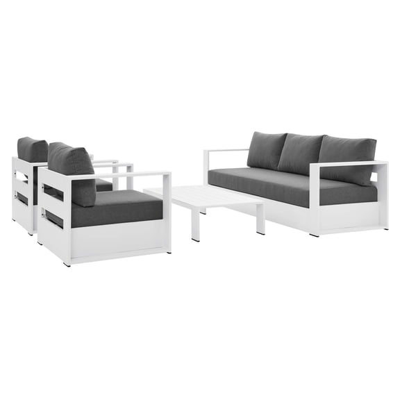 Lounge Sectional Sofa Chair Table Set, White Gray Grey, Aluminum, Metal, Fabric, Modern Contemporary, Outdoor Patio Balcony Cafe Bistro Garden Furniture Hotel Hospitality