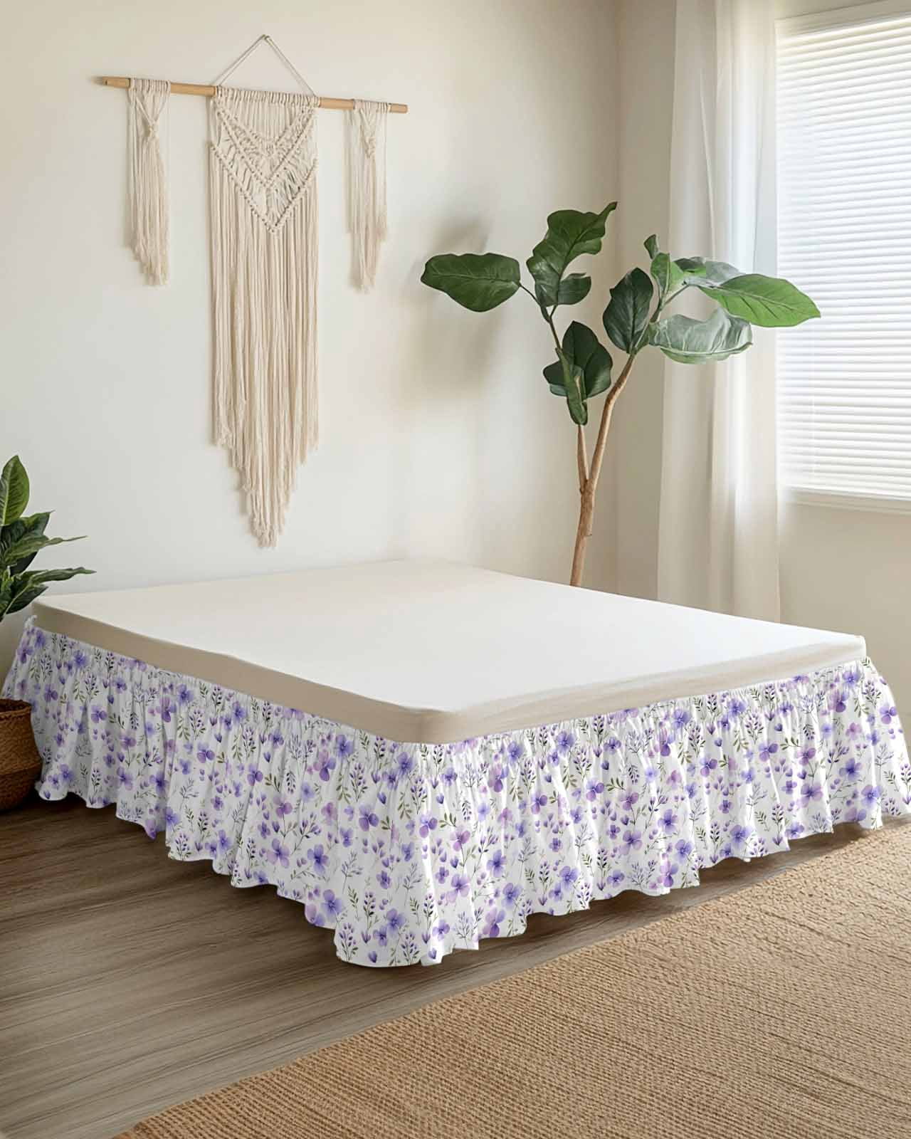 Purple Spring Floral Wrap Around Bed Skirts for Queen Bed 18" Drop,Bed Skirt with Adjustable Elastic Belt Dust Ruffle Bed Valance for Bedroom Hotel Pastoral Botanical Watercolor Bed Frame Cover