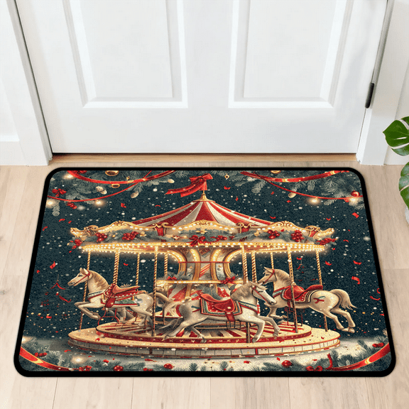 CURLYOOT Christmas Carousel Horse Indoor Doormat, Non-Slip Absorbent Door Mat 24" x 16", Entrance Floor Mat Washable Entry Doormats for Entryway Front Back Door