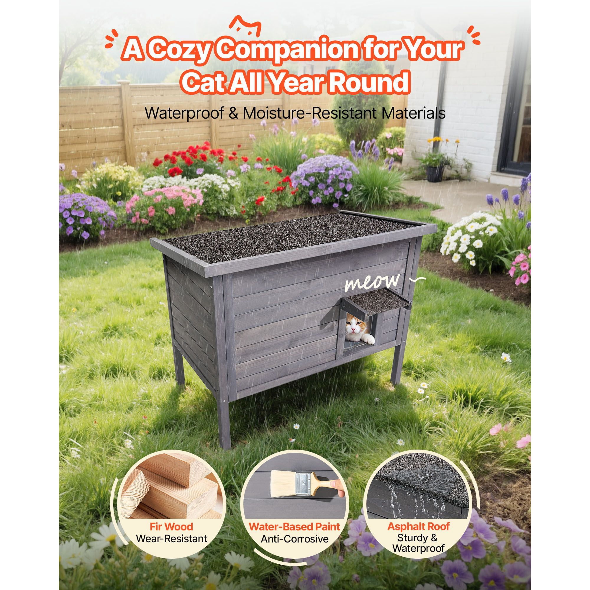 Dranite Winter-Ready Insulated Cat Shelter with Heating Pad, Waterproof & Weatherproof Design, Openable Roof & PVC Door, Spacious Wooden Outdoor House for Multiple Cats (34” L x 21” W x 27” H)