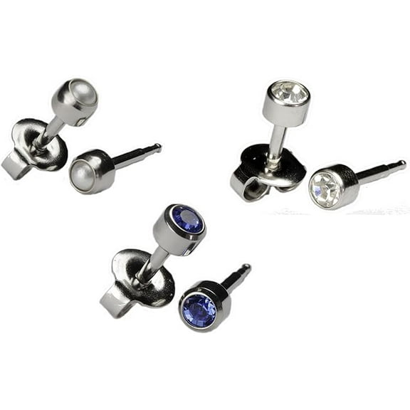 Ear Piercing Earrings Silver 3 Pairs of 4mm Stainless Steel with Gem 16ga Thick Post Studex Studs Hypoallergenic