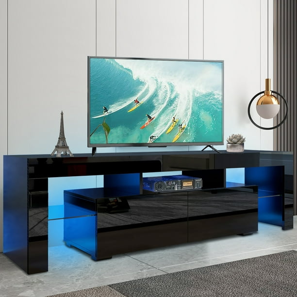 Black TV Stand for 70 Inch TV, Modern High Glossy TV Cabinet with ...