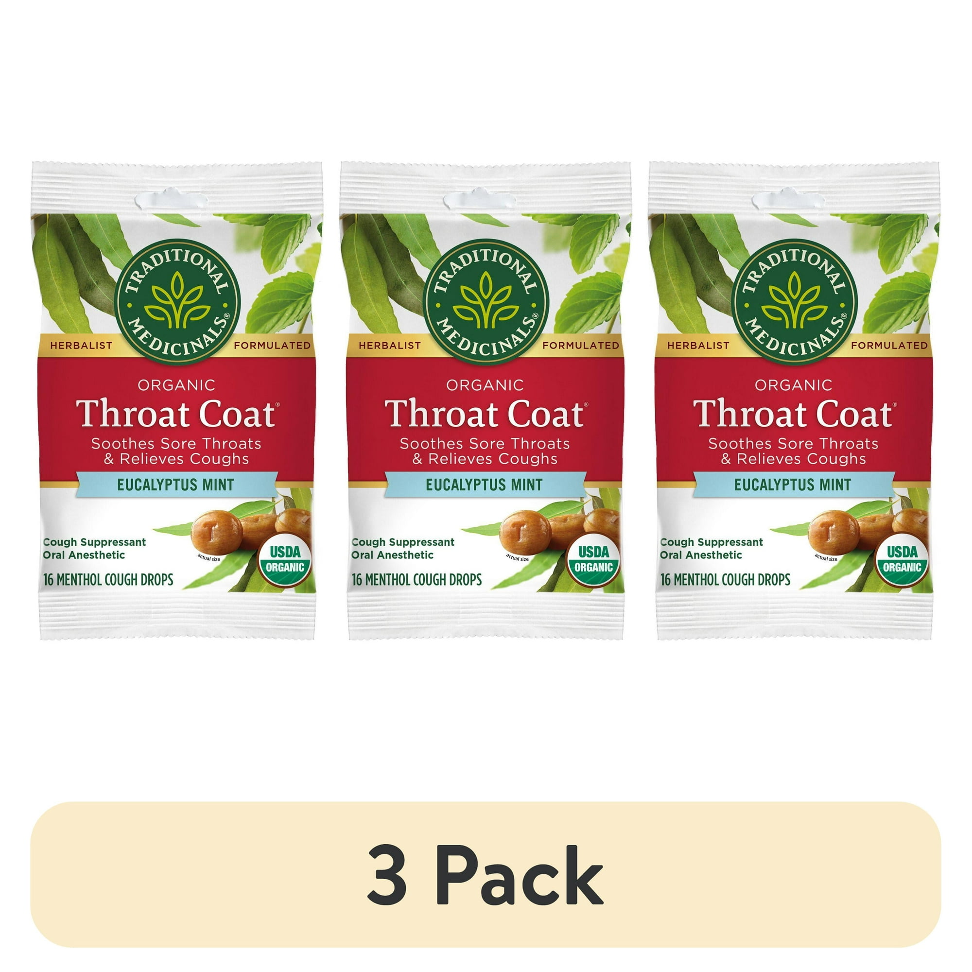 (3 pack) Traditional Medicinals Organic Eucalyptus Mint Throat Coat Cough Drops