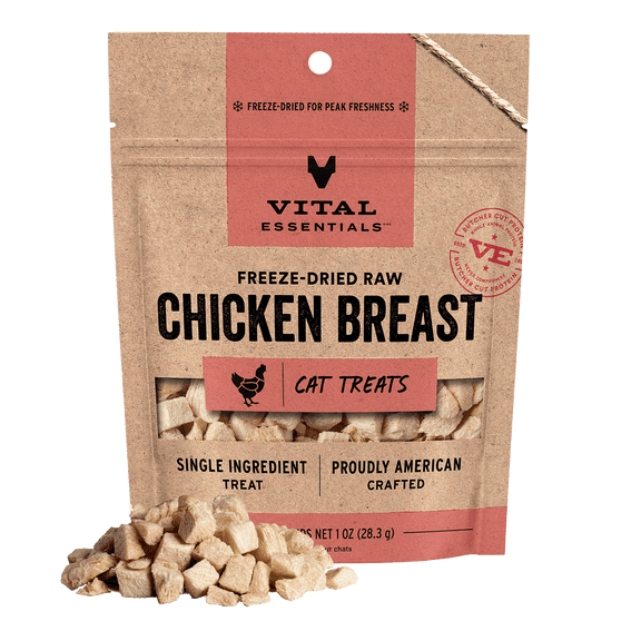 Vital Essentials Freeze Dried Cat Treats | Chicken Breast, Single Ingredient | Grain Free, Healthy Treats for Cats, 1 oz bag