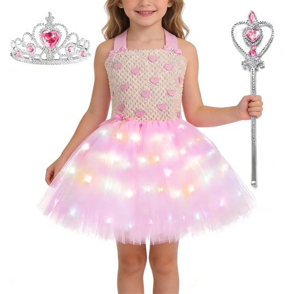 Glisme Girls Valentine'S Day Outfit Glowing Dress With Heart Party Tutu Skirt Outfits Stylish Matching Set Size 5-6 Years Pink