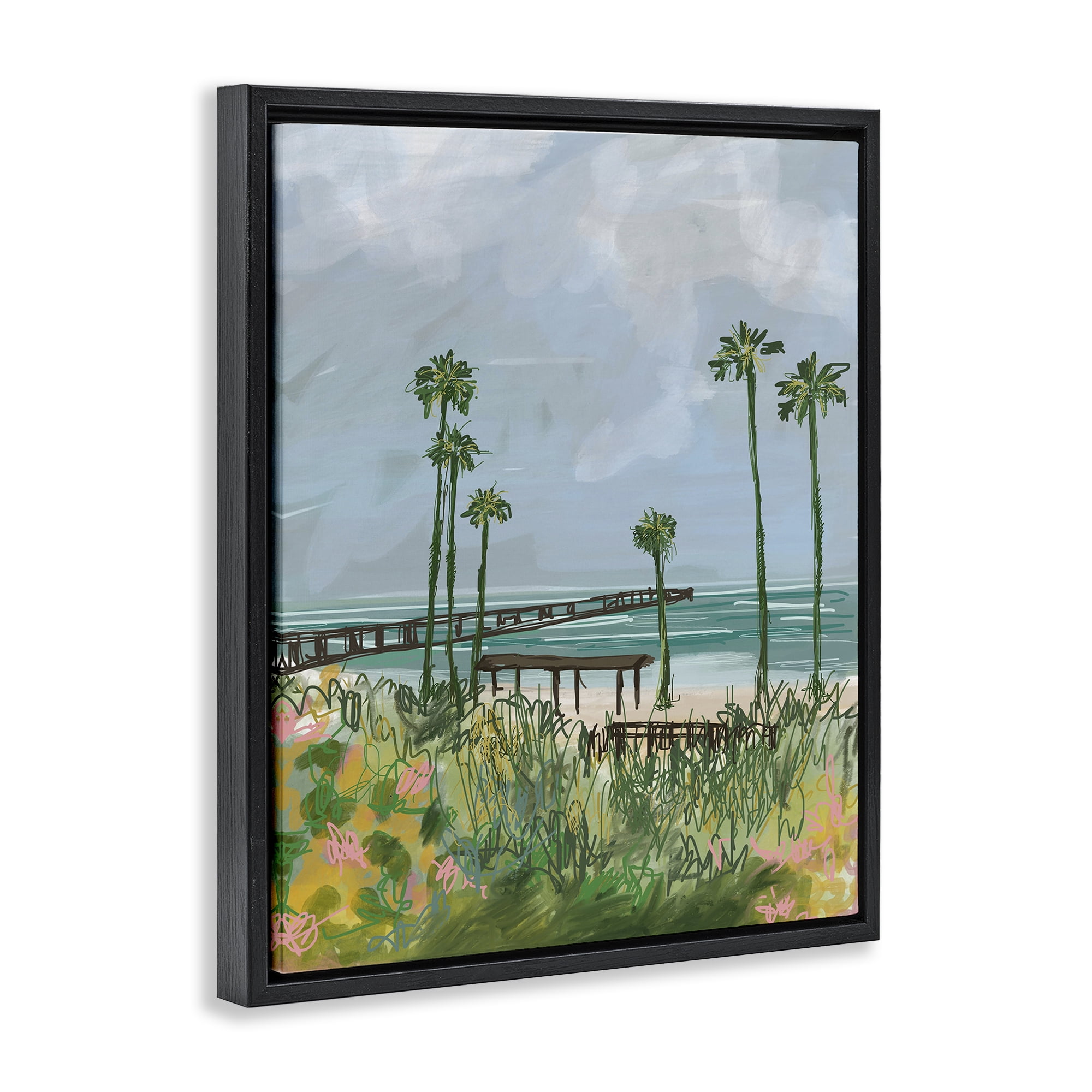 Stupell Industries Palm Trees Dock Scene Landscape Painting Black Floater Framed Canvas Art Print Wall Art, 17 x 21