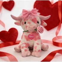 Pink Highland Cow Plush Toy, Valentines Cute Highland Cow Stuffed Animal with Bow& Rose, Fluffy Farm Highland Cow Plushies, Kawaii Stuffed Decor Gifts for Kids Adults Girlfriends Lover