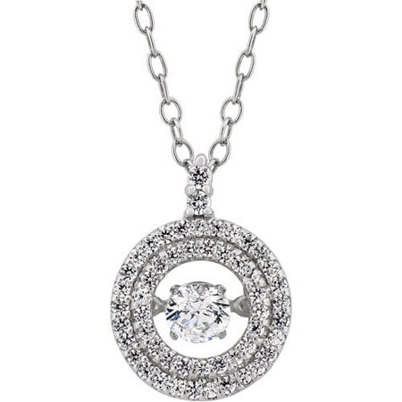 CZ Rhodium over Sterling Silver Dancing Stone Double Halo Pendant, 18