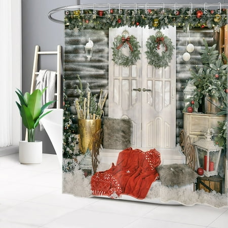 HVEST Merry Christmas Shower Curtain,Farmhouse Decorated with Christmas Wreath and Colorful Christmas Balls Bathroom Shower Curtain Polyester Fabric Decor Curtain with Hooks, 72X78 inch