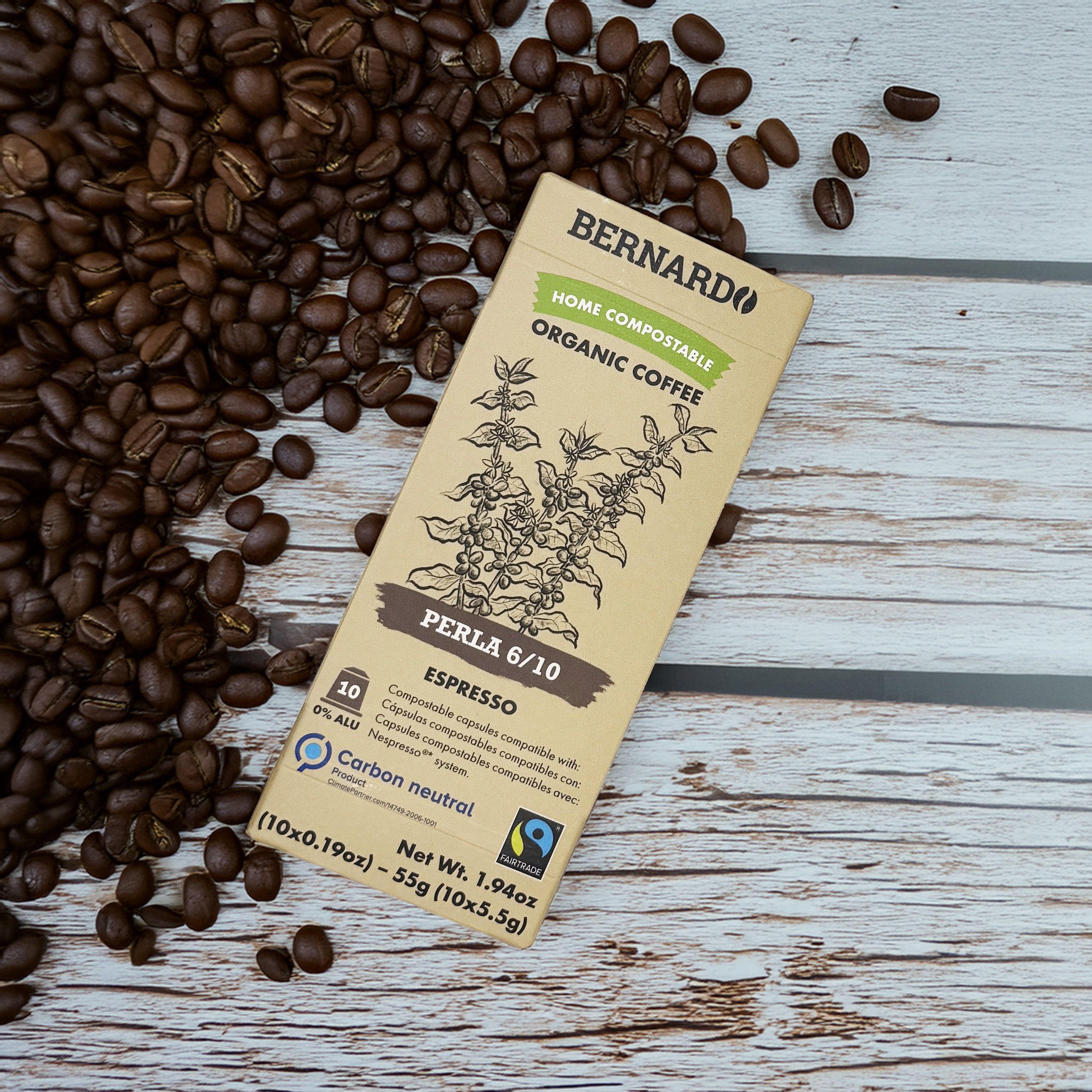 USDA Organic Bernardo PERLA Espresso | Home Compostable Pods | Nespresso Original Machines | PERLA 6/10 Strength 10 Packs of 10 (100 Capsules)