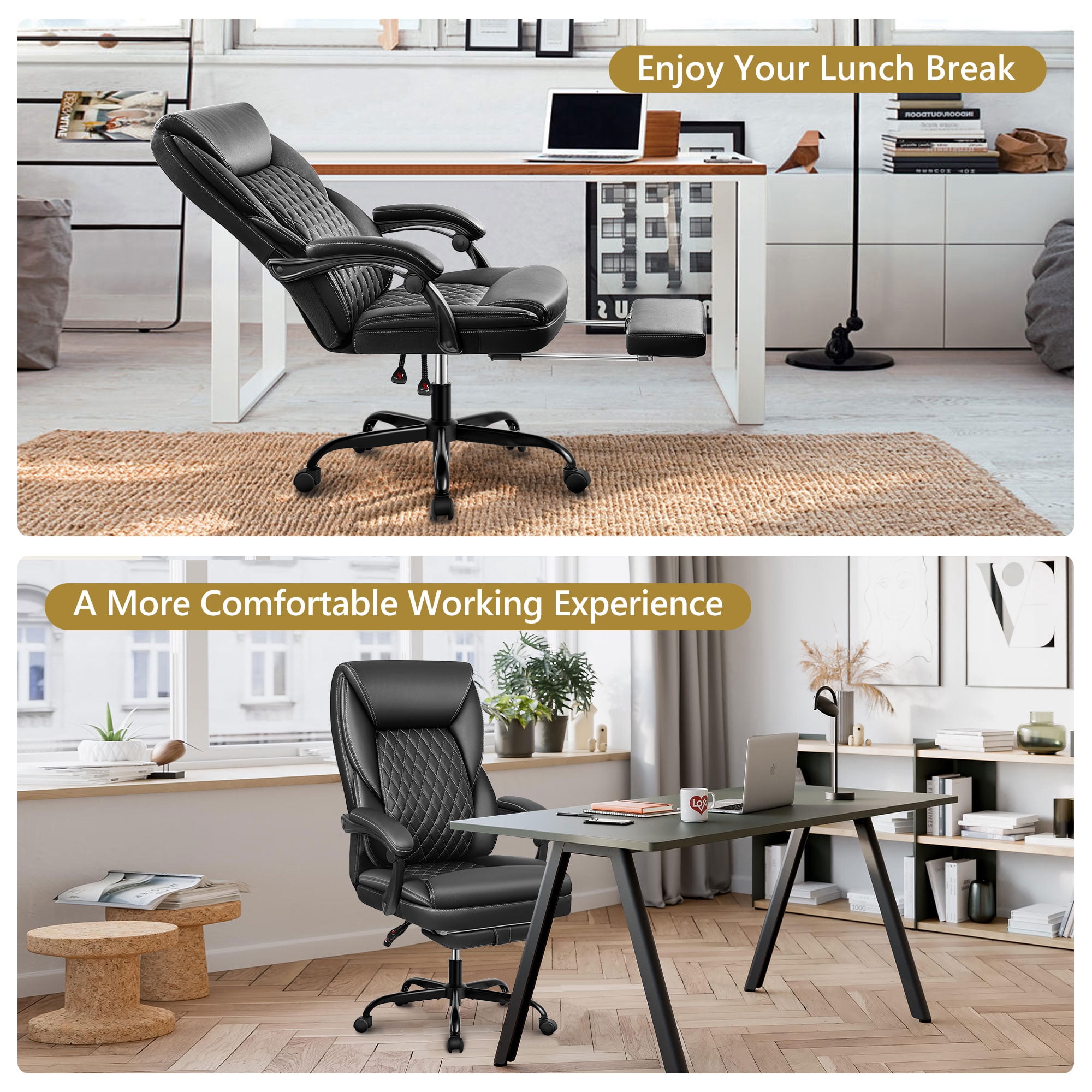 Primy Office Chair with Retractable Footrest, Ergonomic High Back Executive Computer Desk Chair, Big & Tall PU Leather Reclining Chair for Home Office Work