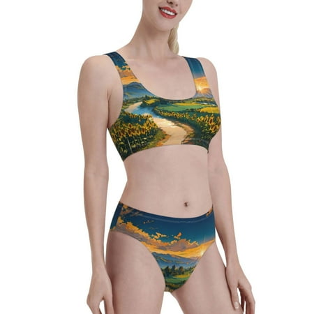 Uemuo Sunflowers At Sunset Printed Women s High Waisted Bikini Sets Sporty Two Piece Swimsuits Color Block Cheeky High Cut Bathing Suits-XX-Large