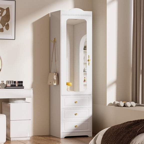 Cyehnenx Armoire Wardrobe Closet with Mirror Door and 3 Drawers, 69.5" H Wood Bedroom Clothing Storage Cabinet with Hanging Rod & Sensor Light, White