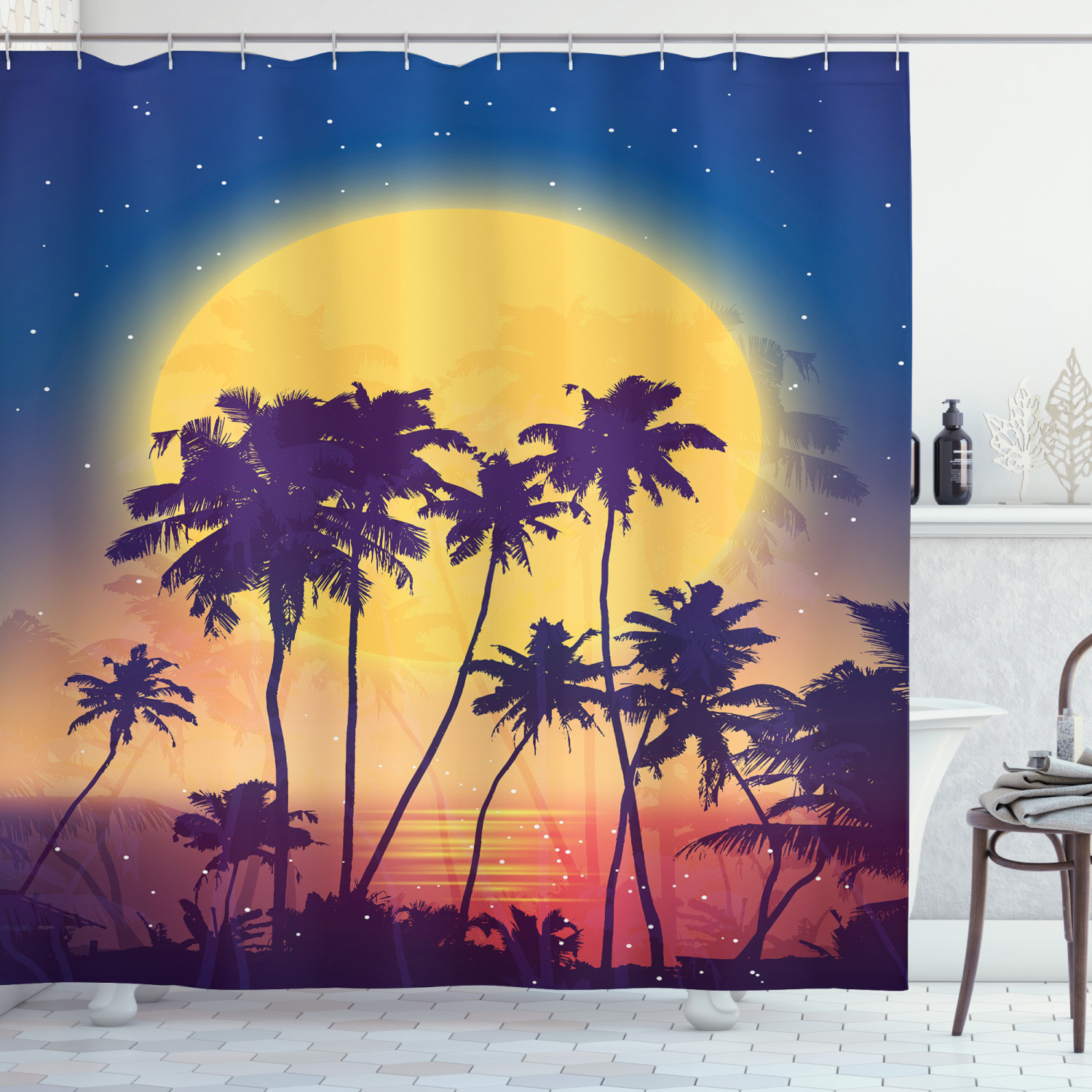 Tropical Shower Curtain, Retro Style Full Moon Rise with Palm