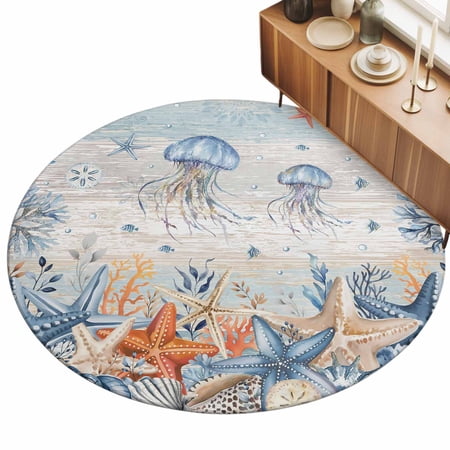 Oceans Marine Life Area Rugs 3 (Round) Orange Blue Jellyfish Starfish Retro Wooden Floor Rug Non Slip Low Pile Ultra Soft Throw Carpet for Entryway Indoor Entrance Kitchen Bathroom