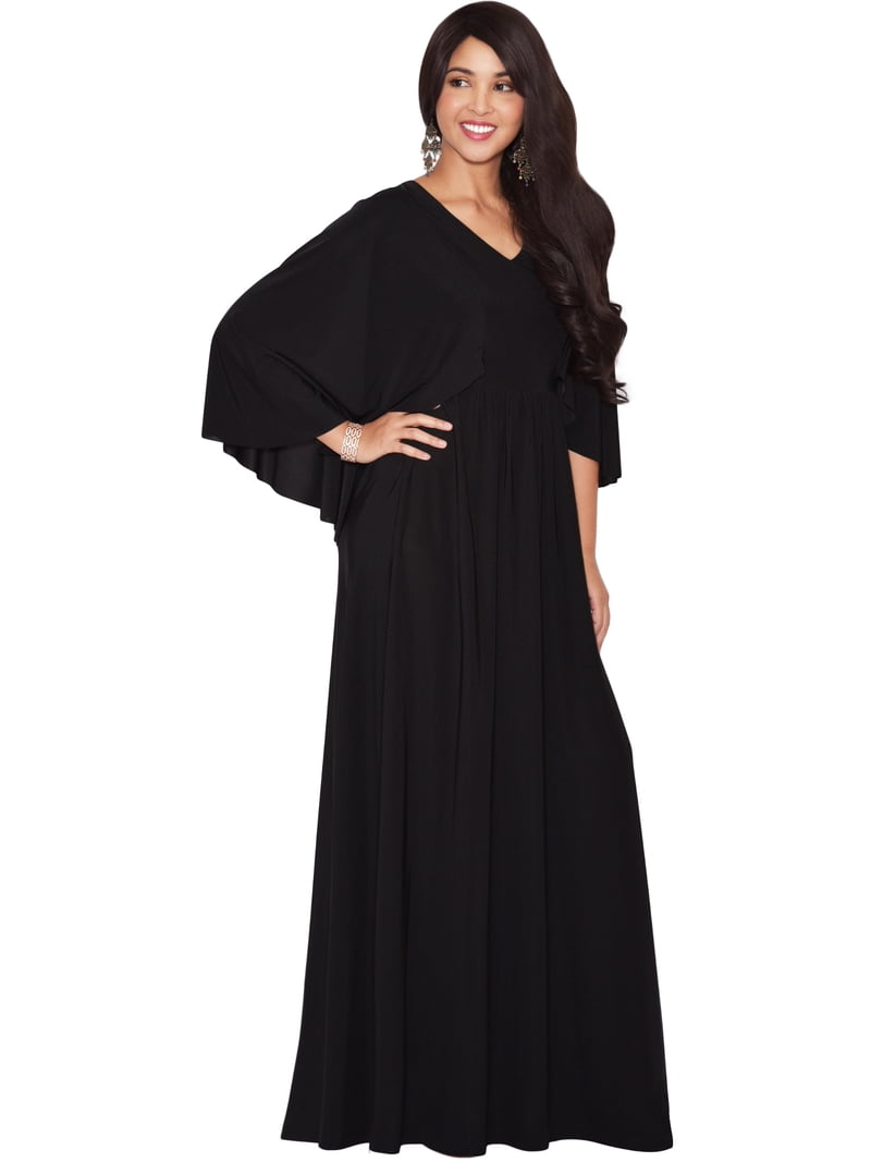 KOH KOH Long Cape Batwing Sleeve Modest Full Floor Length Flowy Fall Winter  Elegant Evening Formal Funeral Church Wedding Guest Tall Maxi Dress Gown  For Women Black XXX-Large US 22-24 NT117 -