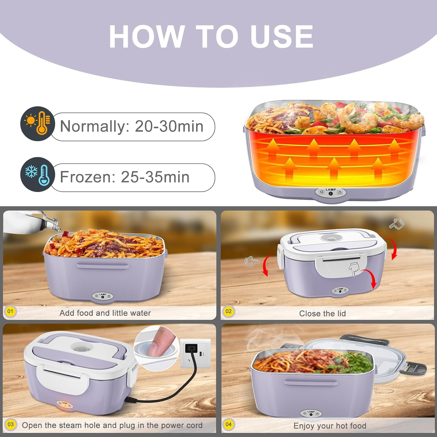 Carsolt Electric Lunch Box Food Heater - 3 in 1 Portable Leakproof Heated Lunch Box for Car/Home/Adults with 1.5L Removable 304 Stainless Steel Container, 60-80W, 12V/24V/110V (Light Purple)