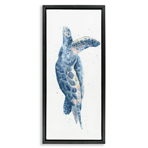 Stupell Industries Blue Turtle Swimming Animals & Insects Painting Black Floater Framed Canvas Art Print Wall Art, 11 x 25