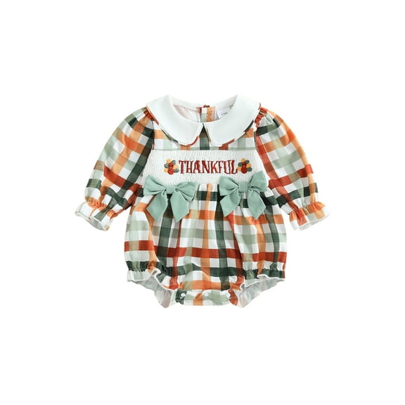 BemeyourBBs Thanksgiving Baby Girl Romper Plaid Embroidery Letters Turkey Bodysuit