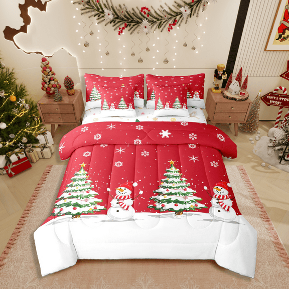 Castle Fairy Kids Christmas Tree Snowman 7-Piece Twin Bedding Sets,Festival Xmas Bedding Comforter Set,Happy New Year Breathable Sheet Sets,Luxury Bedroom Decor