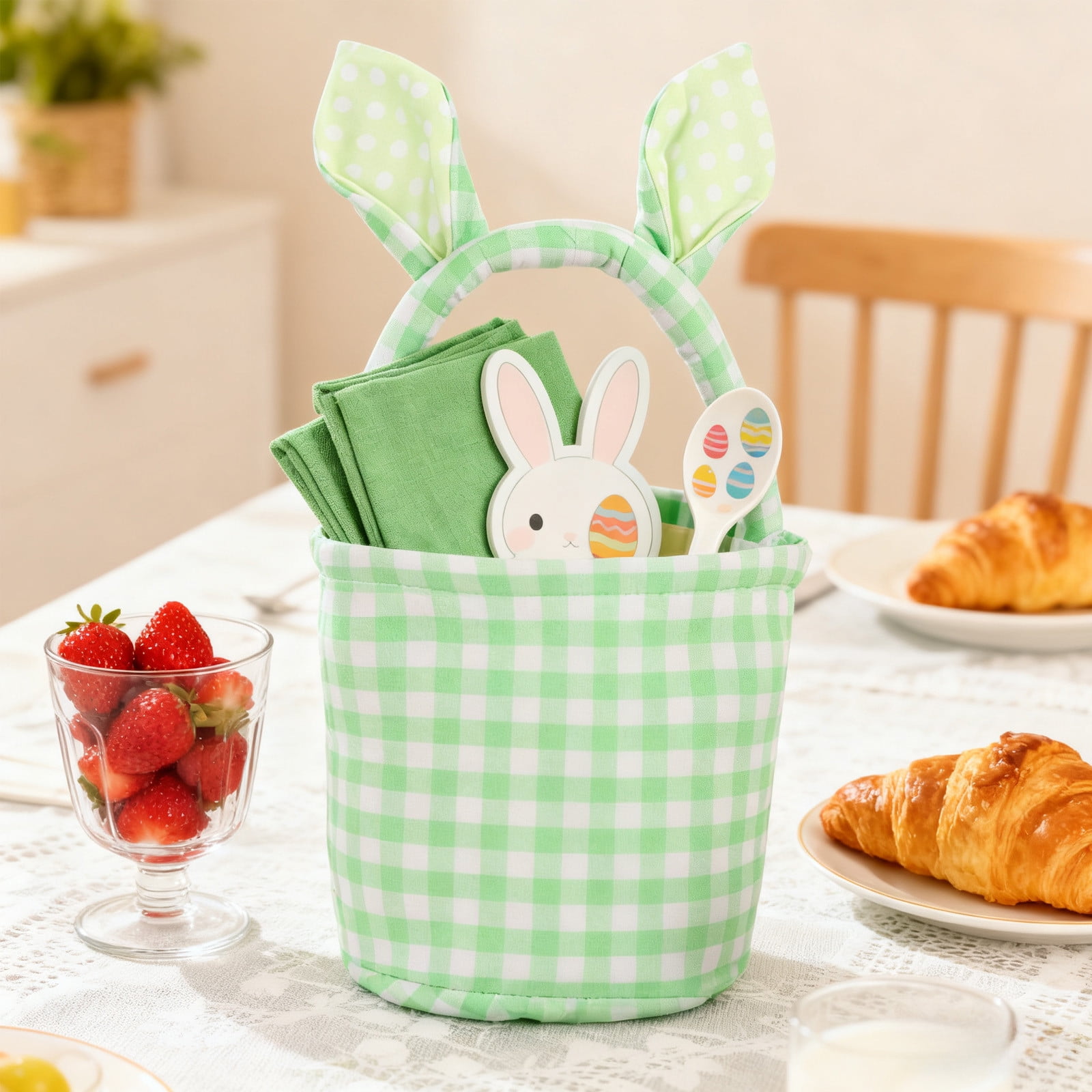 Lunxisen 3 Pcs Easter Bunny Basket Plaid Gingham Easter Buckets with Border Pleat,Cute Easter Basket Tote Easter Eggs Hunt Bag,Easter Decorations,Candy Gifts Storage
