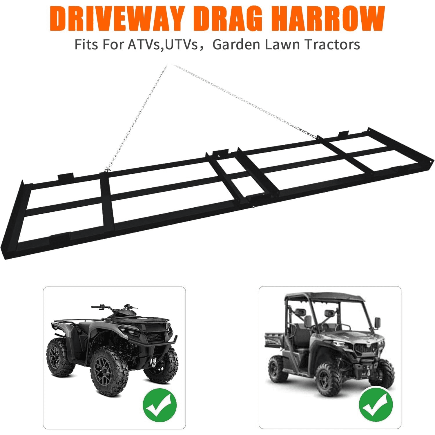 4/6/8Ft Drag Harrow Driveway Grader Heavy Duty Power Rake with Chain Tow Behind Lawn Rake for ATV UTV Tractor Mower Land Leveler for Gravel Sand Soil Hay