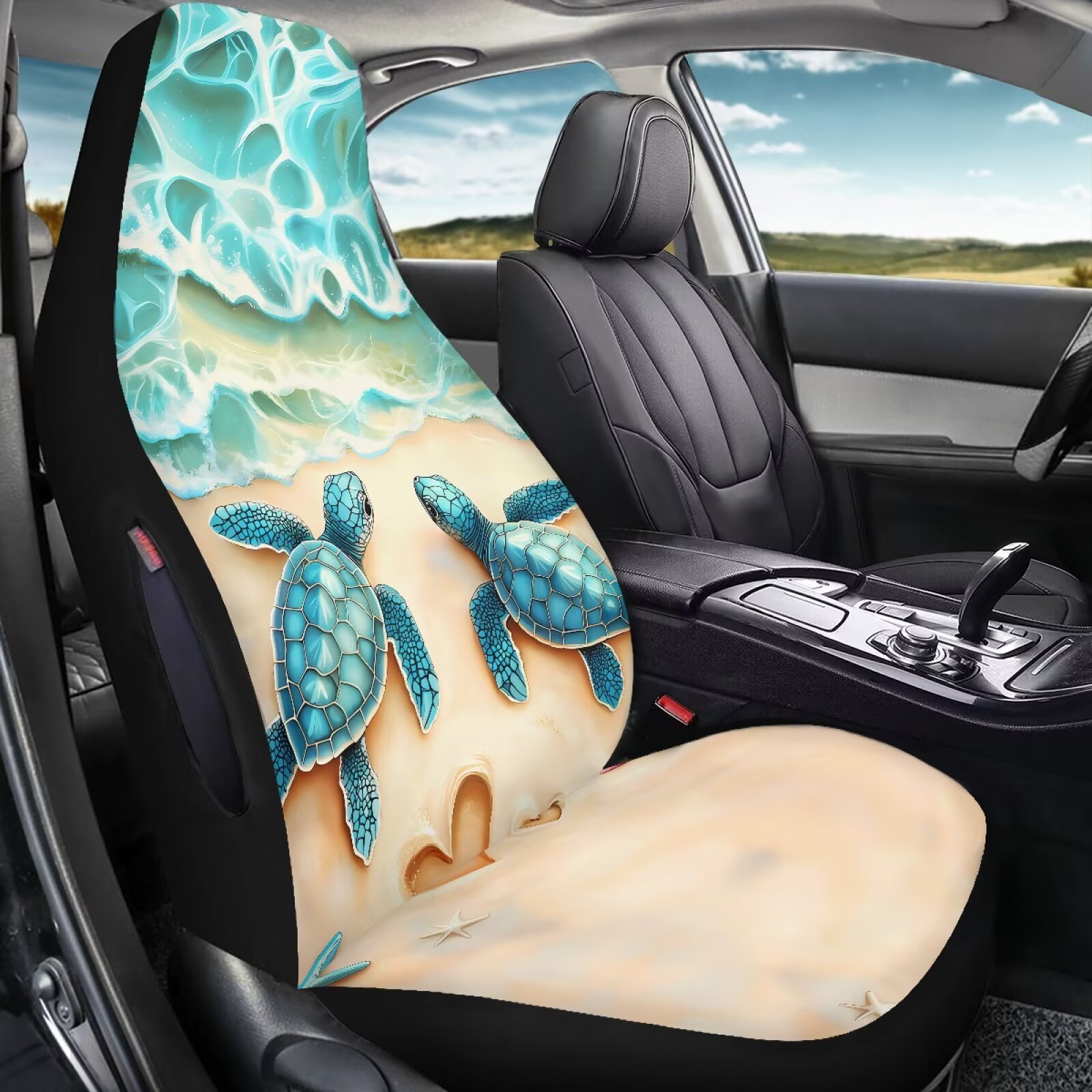 Binienty Beach Sea Turtle Car Seat Covers Front Seats Airbag Compatible Waterproof Auto Seat Protectors Universal Non-Slip Vehicle Seat Covers for SUV Truck Van Sedan