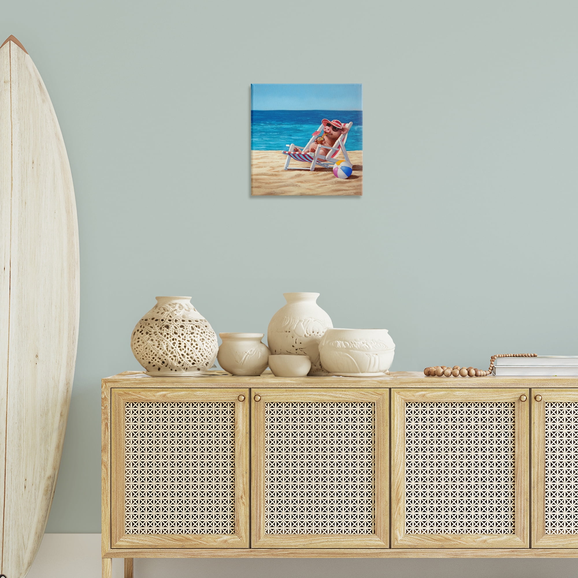 Stupell Industries Pig with Beach Cocktail Novelty Painting Gallery Wrapped Canvas Art Print Wall Art, 17 x 17